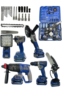 Yeni Nesil 6'lı Akülü Şarjlı Set–Matkap, Darbeli Kırıcı, Taşlama, Somun Sıkma, Zincirli Testere, LED